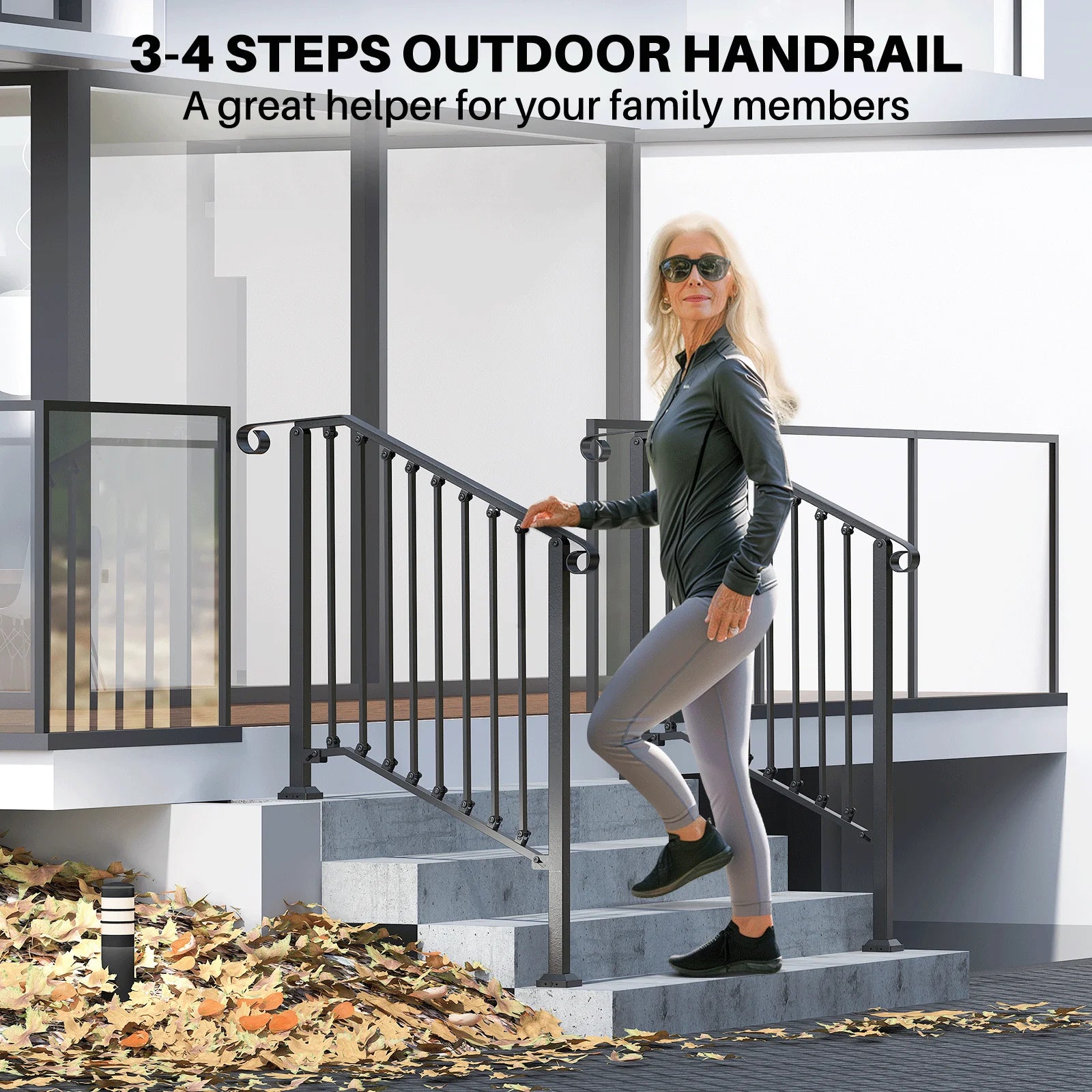 REDLIFE Handrails for Outdoor Steps Fit 2-4 Steps Outdoor Stair Railing，Wrought Iron Handrail for Concrete Steps & Wooden Stairs - Jimmys Supplies