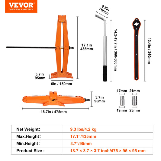 VEVOR Scissor Jack 2.5 Ton Lifting Range 3.7"-17.1" Portable - Jimmys Supplies