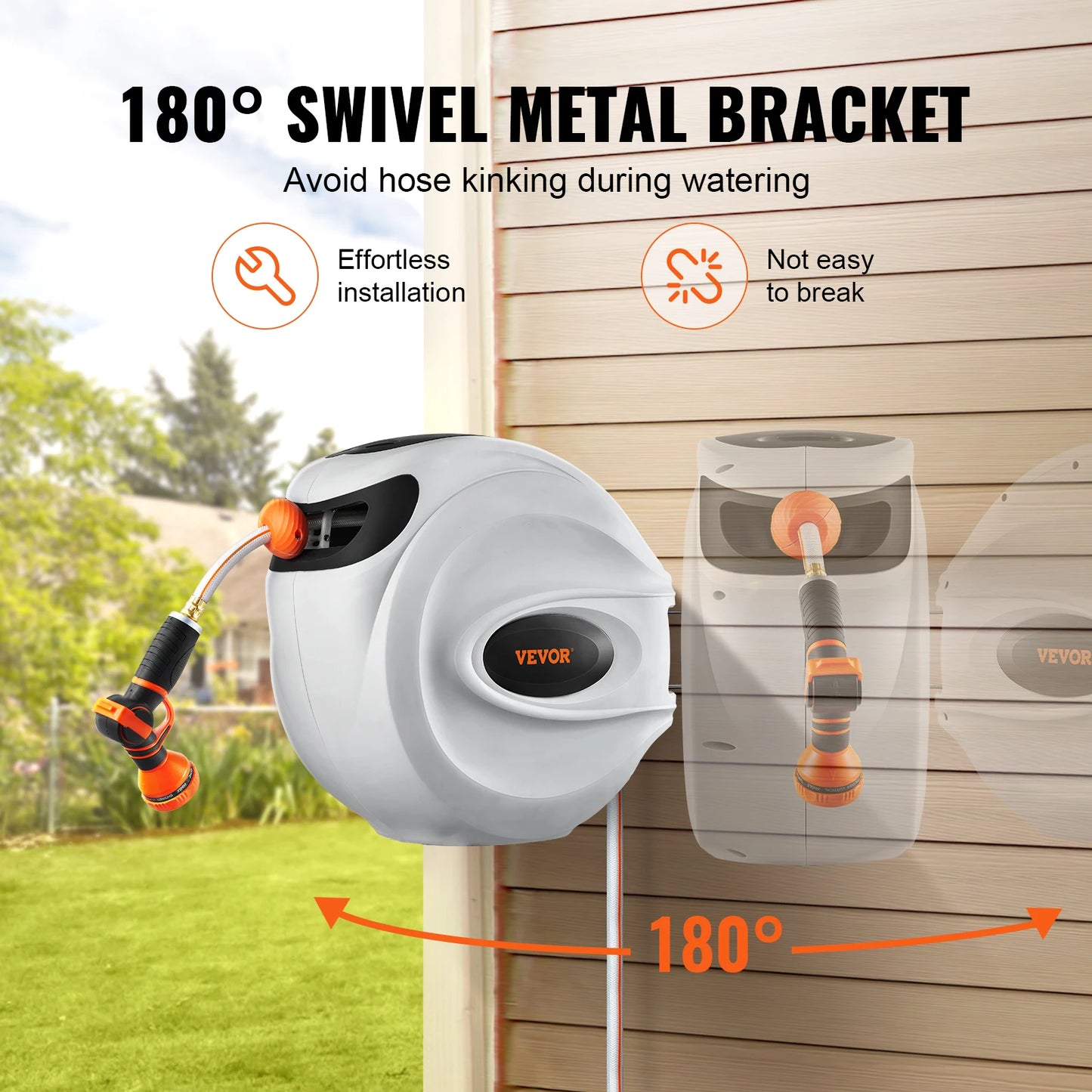 SucceBuy Retractable Hose Reel 180° Swivel Bracket Wall-Mounted Garden Water Hose Reel with 9-Pattern Nozzle Automatic Rewind
