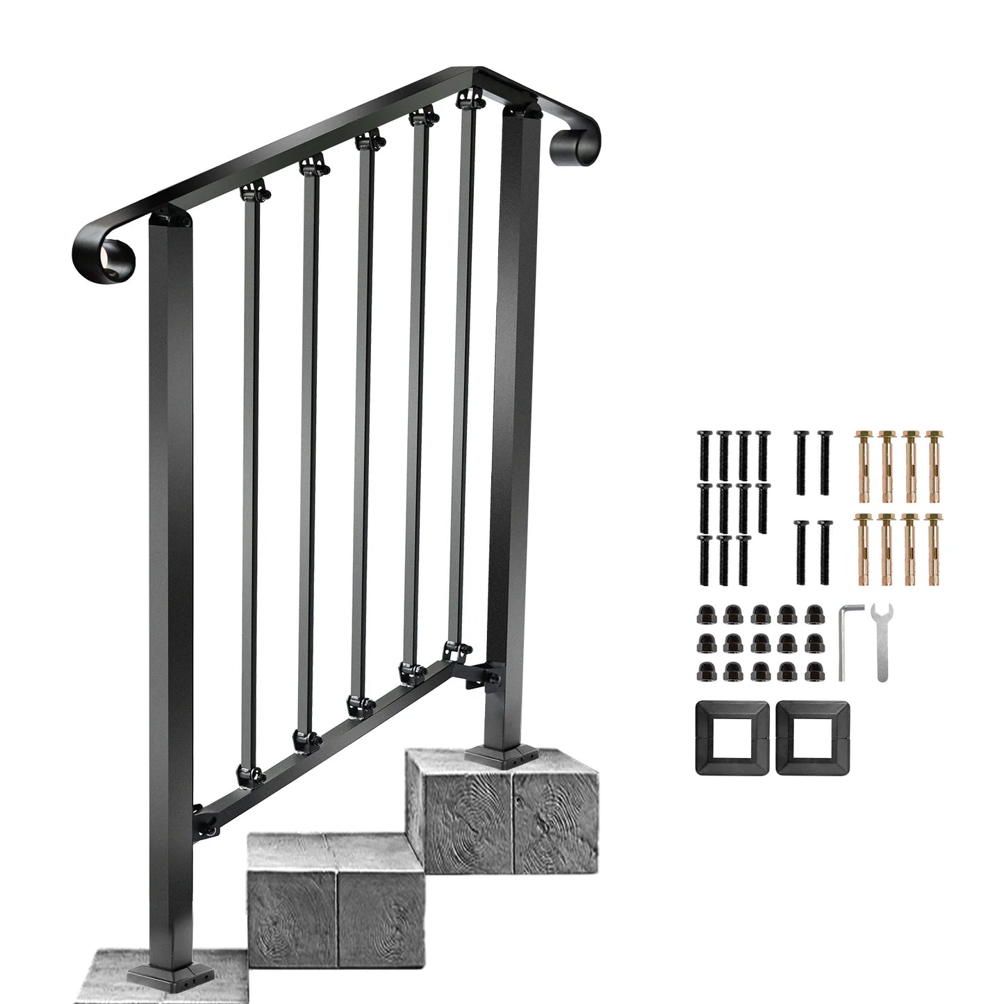 REDLIFE Handrails for Outdoor Steps Fit 2-4 Steps Outdoor Stair Railing，Wrought Iron Handrail for Concrete Steps & Wooden Stairs - Jimmys Supplies