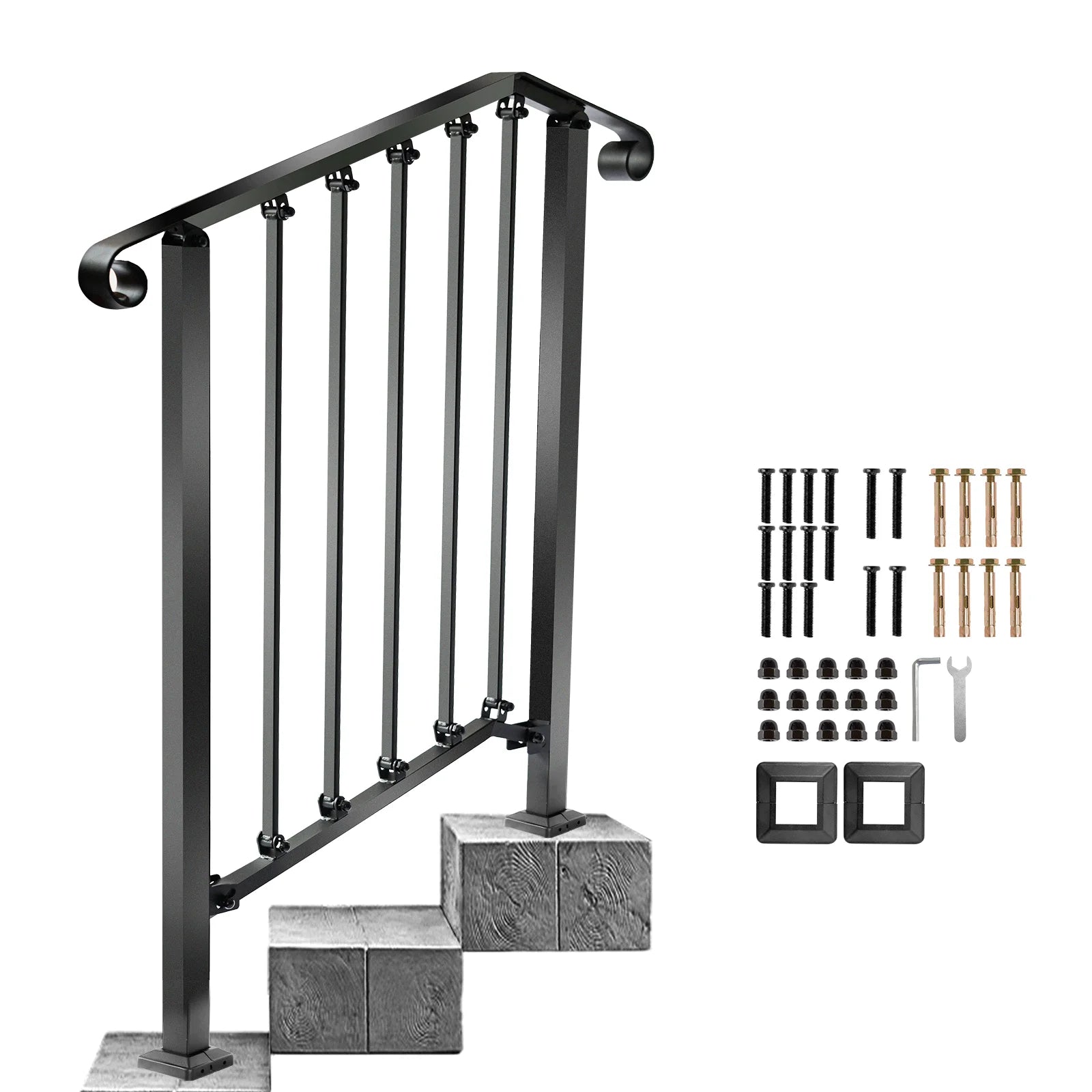 REDLIFE Handrails for Outdoor Steps Fit 2-4 Steps Outdoor Stair Railing，Wrought Iron Handrail for Concrete Steps & Wooden Stairs - Jimmys Supplies
