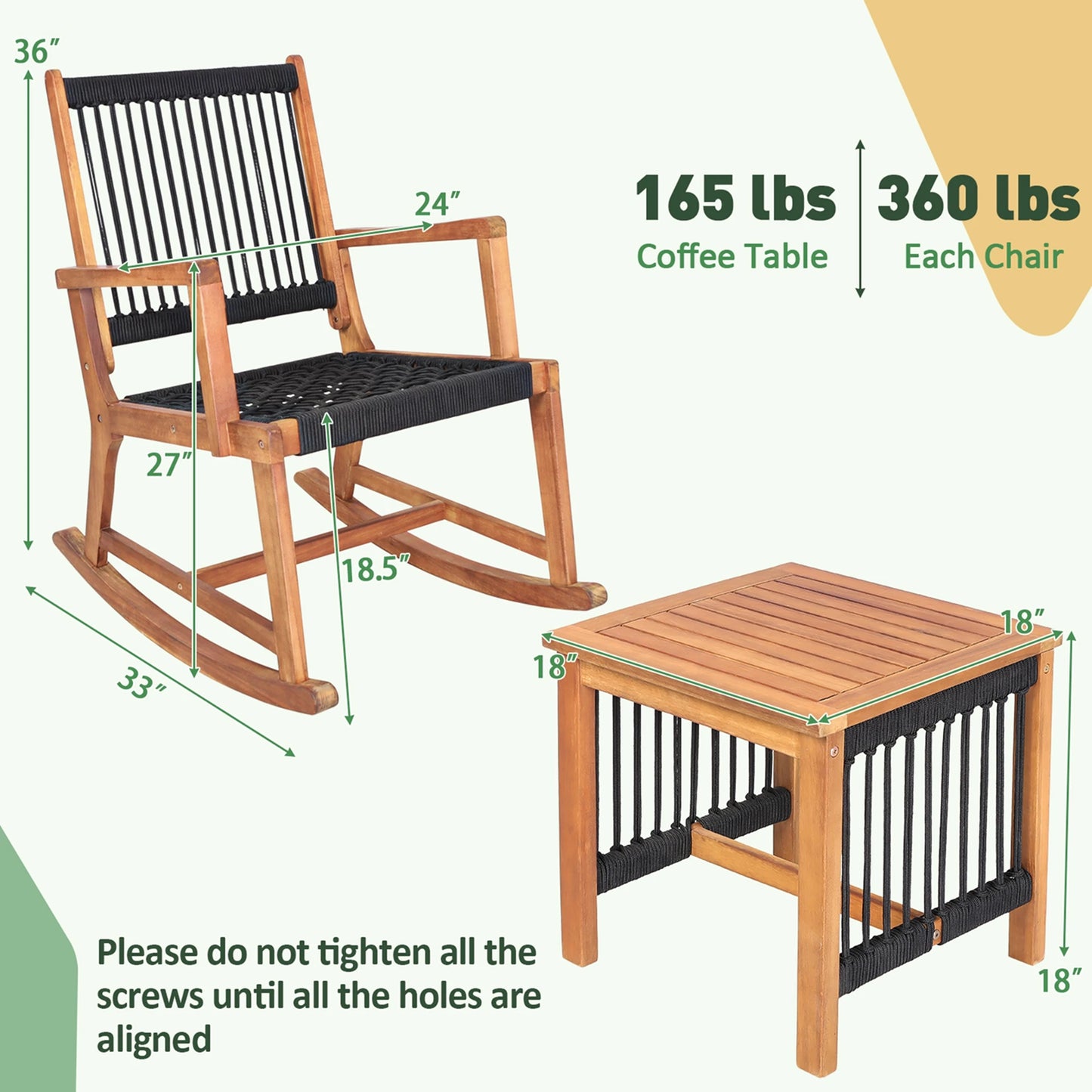 3pcs Patio Acacia Wood Bistro Table Rocking Chair Set All-Weather Rope Outdoor - Jimmys Supplies