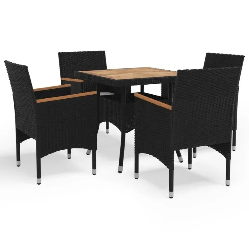 5-Piece Patio Dining Set in Black Poly Rattan and Acacia Wood for Outdoor Spaces - Jimmys Supplies