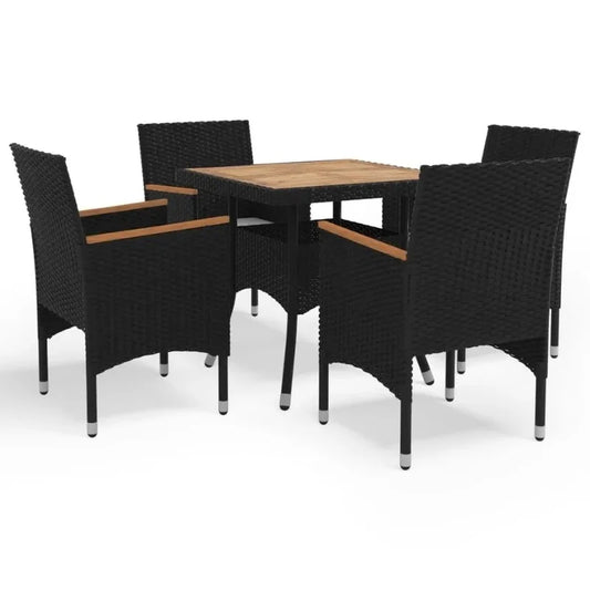 5-Piece Patio Dining Set in Black Poly Rattan and Acacia Wood for Outdoor Spaces - Jimmys Supplies