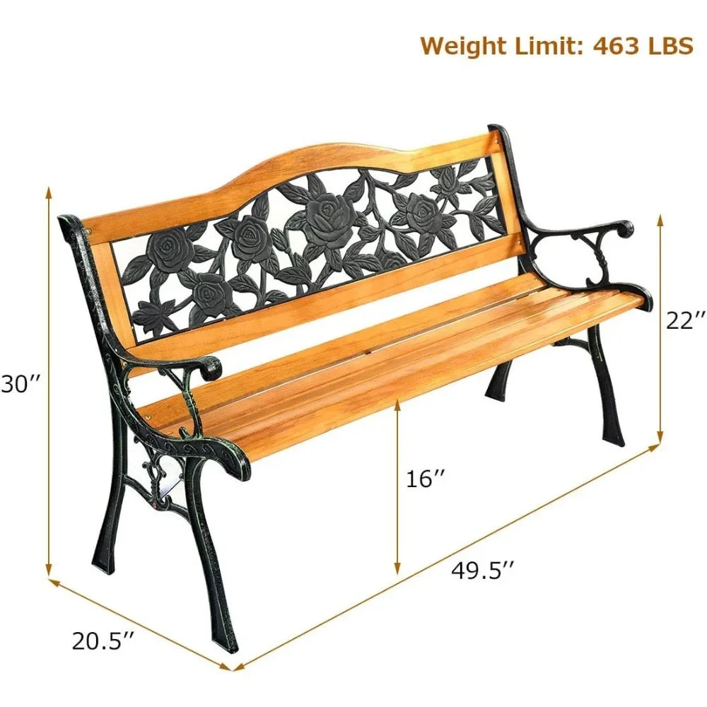 Patio Bench Outdoor Furniture Rose Cast Iron Hardwood Frame Porch Loveseat Weather Proof Porch Path Chair - Jimmys Supplies