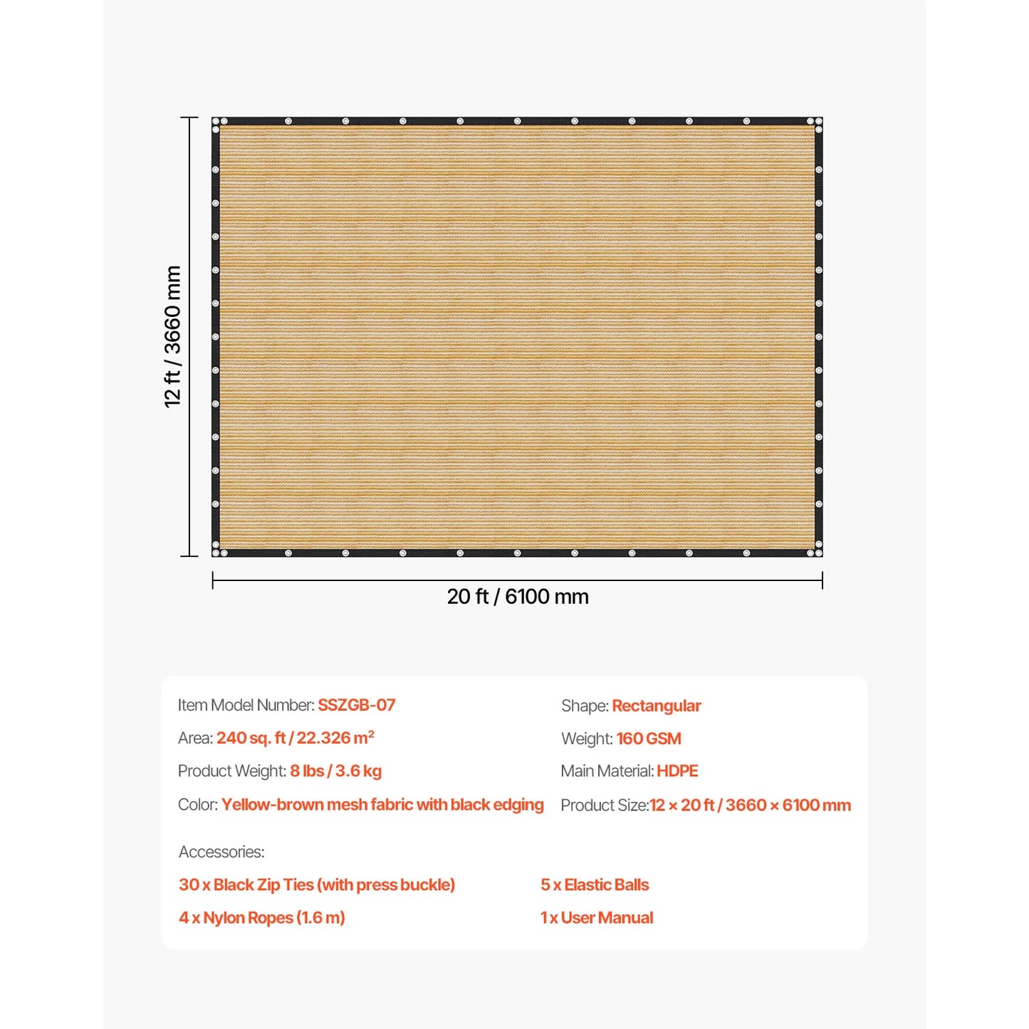 VEVOR 90% Sun Shade Cloth 10x10/12/20ft Pergola Shade Cover 140 GSM HDPE Canopy Privacy Screen for Outdoor Patio Garden Backyard - Jimmys Supplies