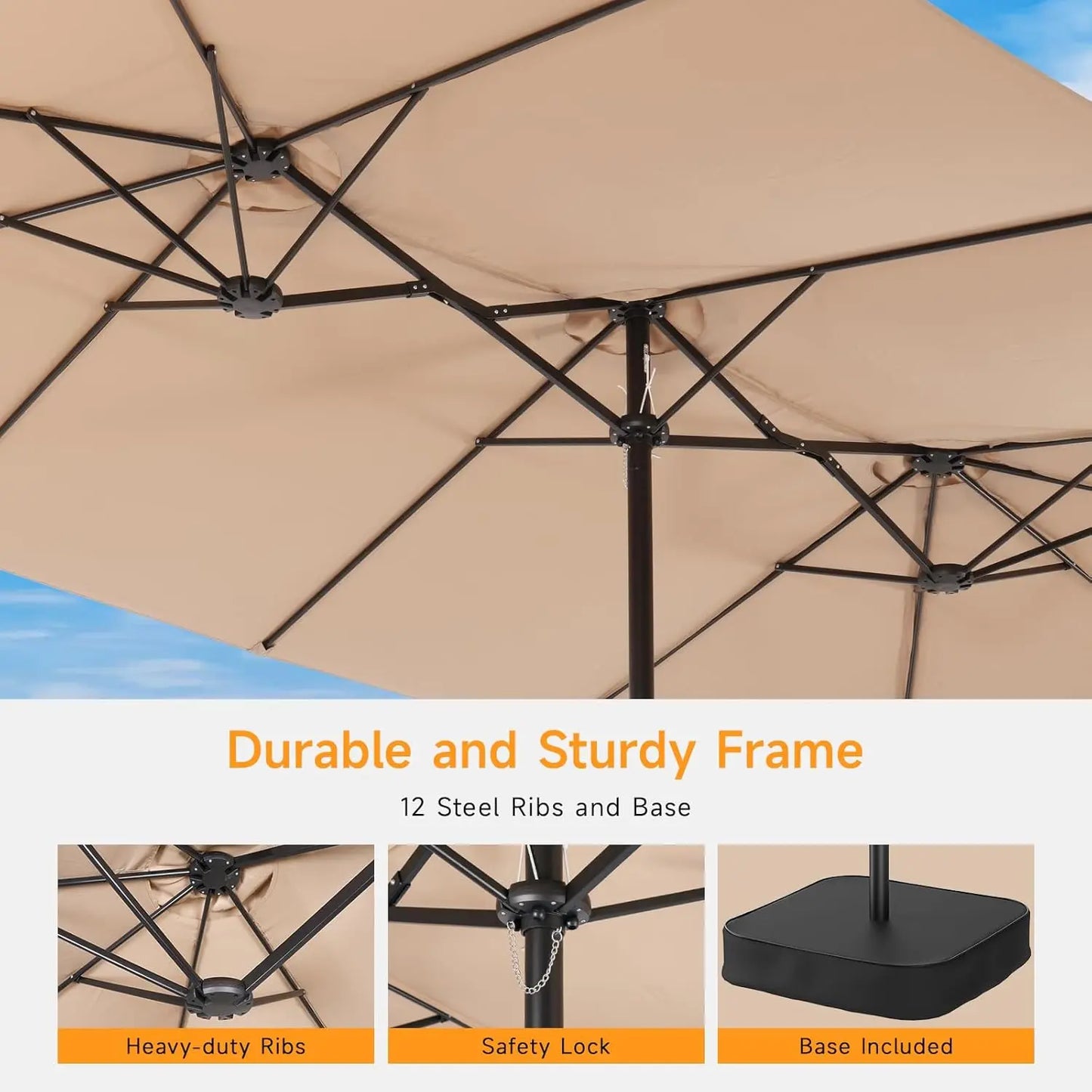 15ft Patio Umbrella with Base Included, Extra Large Shade Area, Double Sided Rectangle with Crank Handle for Poolside, Beige