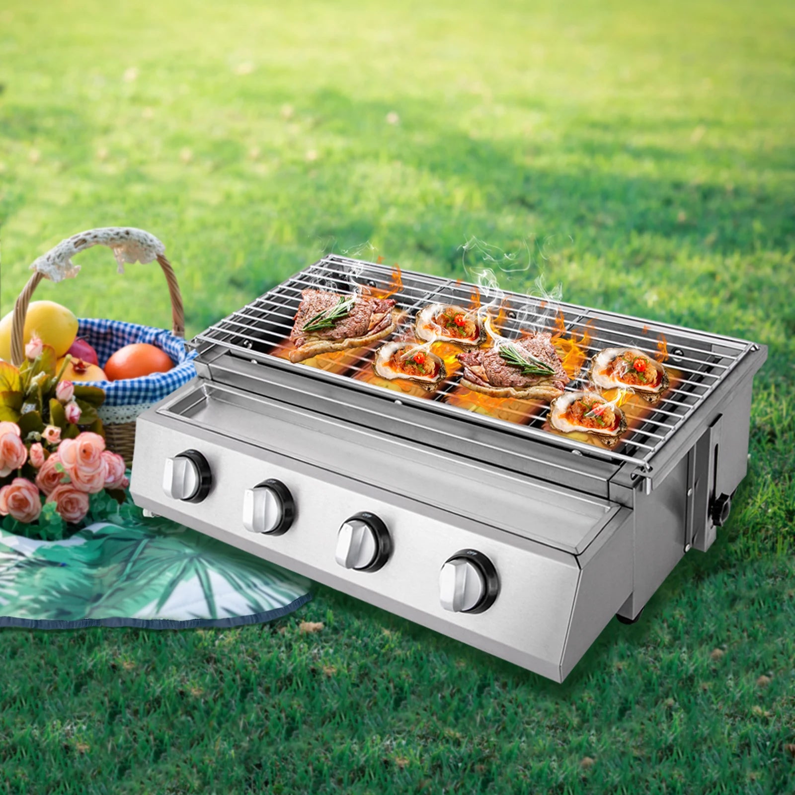 Stainless Steel Smokeless Barbecue Grill 4 Burners LPG Gas Grill Roaster Portable BBQ Grill Removable for Outdoor Patio Garden - Jimmys Supplies