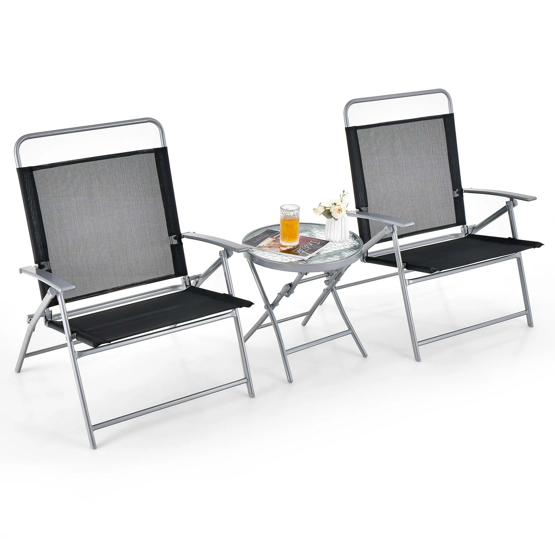 3pcs Patio Folding Table Chair Set Extra-Large Seat Metal Frame Portable Outdoor - Jimmys Supplies