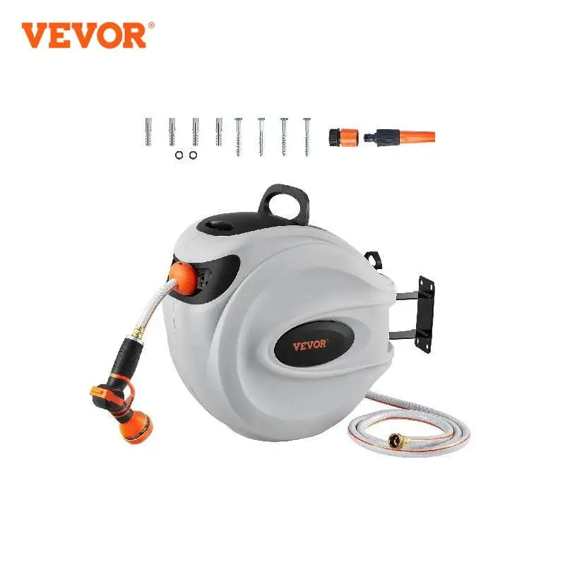 SucceBuy Retractable Hose Reel 180° Swivel Bracket Wall-Mounted Garden Water Hose Reel with 9-Pattern Nozzle Automatic Rewind