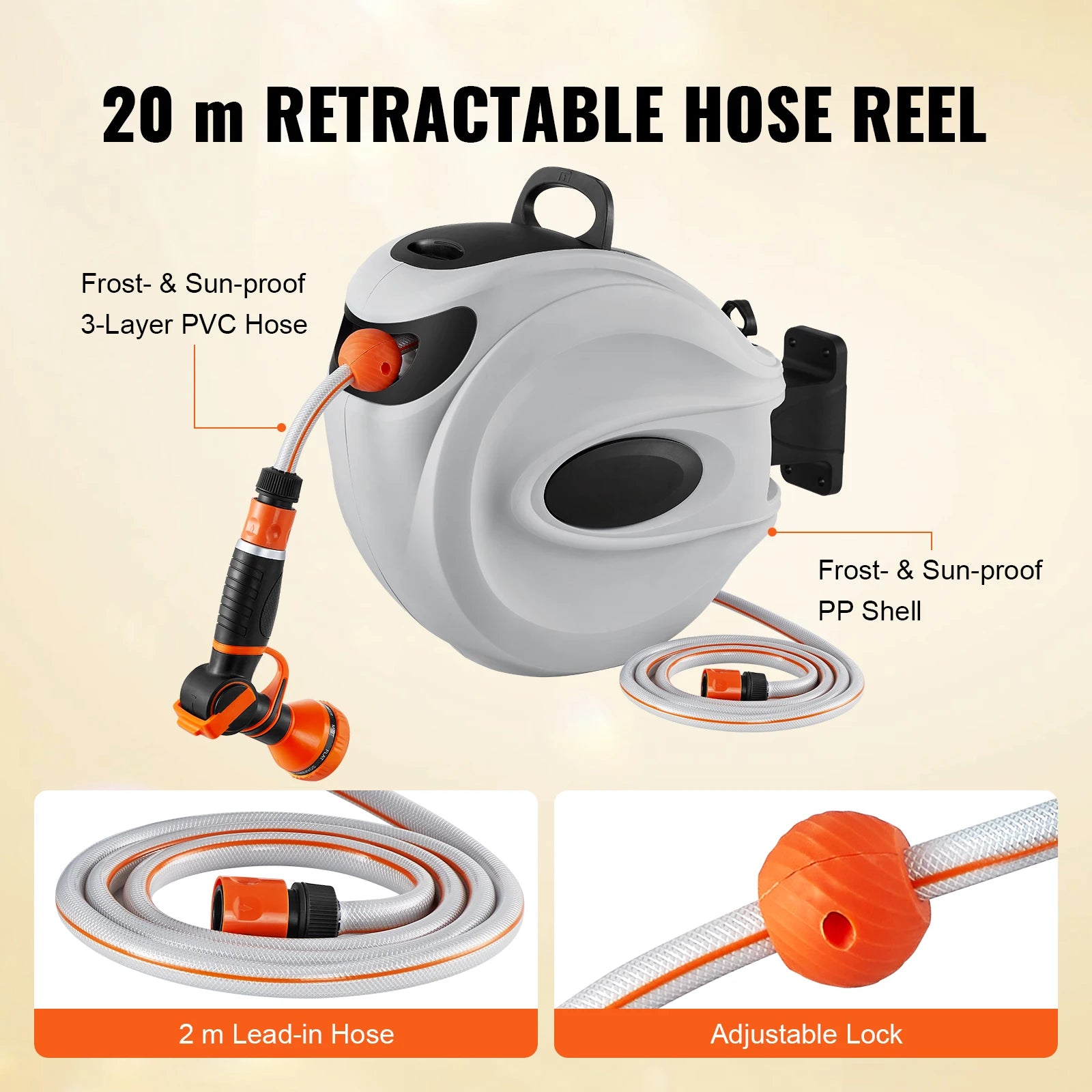 SucceBuy Retractable Hose Reel1/2 inch 180° Swivel Bracket Wall-Mounted Garden Water Hose Reel with 9-Pattern Nozzle and 3 Fast - Jimmys Supplies