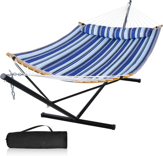 2 Person Hammock Freestanding with Curved Spreader Bar, Large Hammocks for Outside with Pillow and Portable Bag,