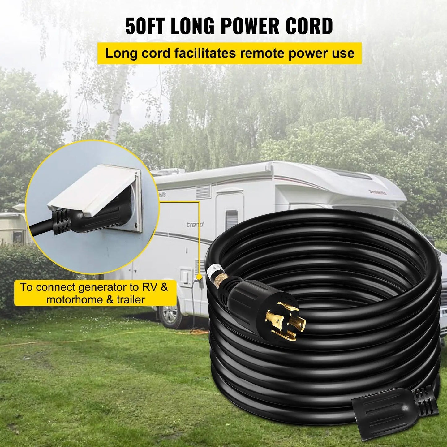 50ft 30A Generator Cord – 10-gauge, 125/250V with twist-lock connectors. Heavy-duty 4-wire power extension.