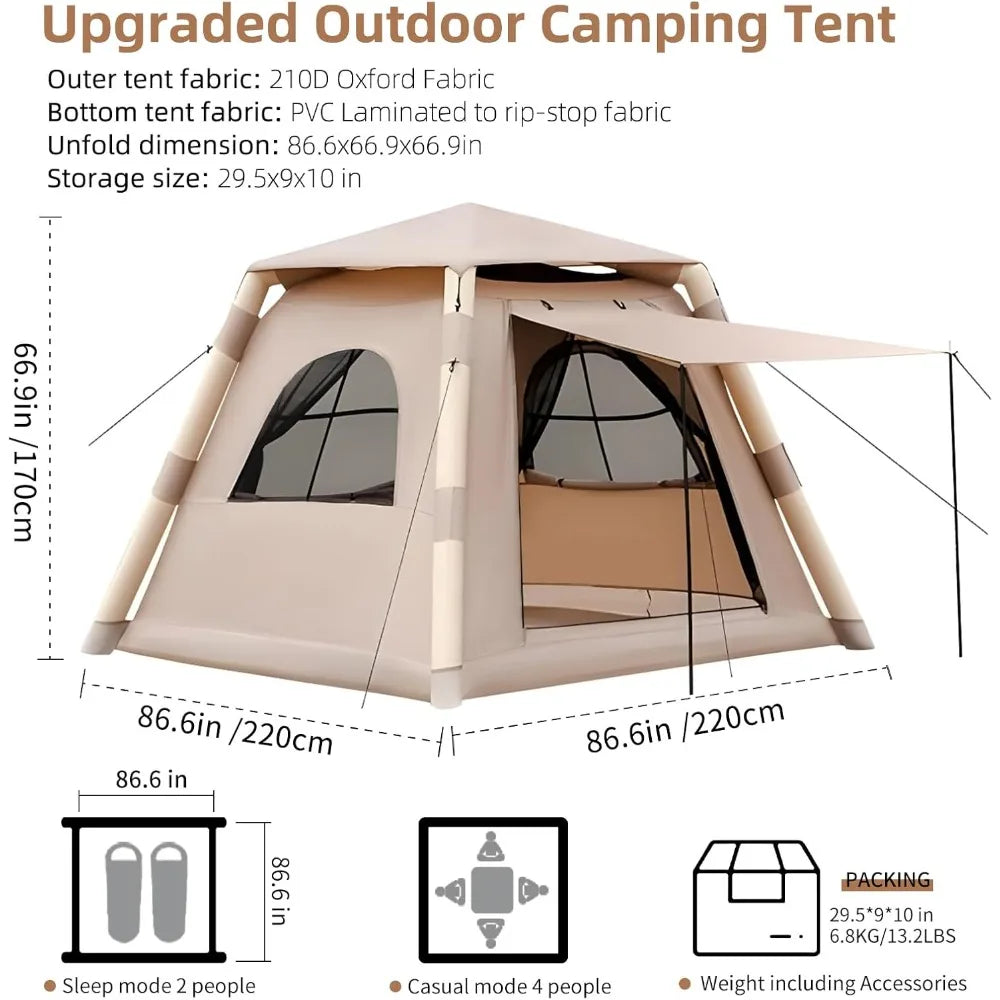4 Season Inflatable Camping Tent for 2-4 People - Easy Set-up, Self-Supporting Air Tent With Hand Pump - Waterproof Blow Up