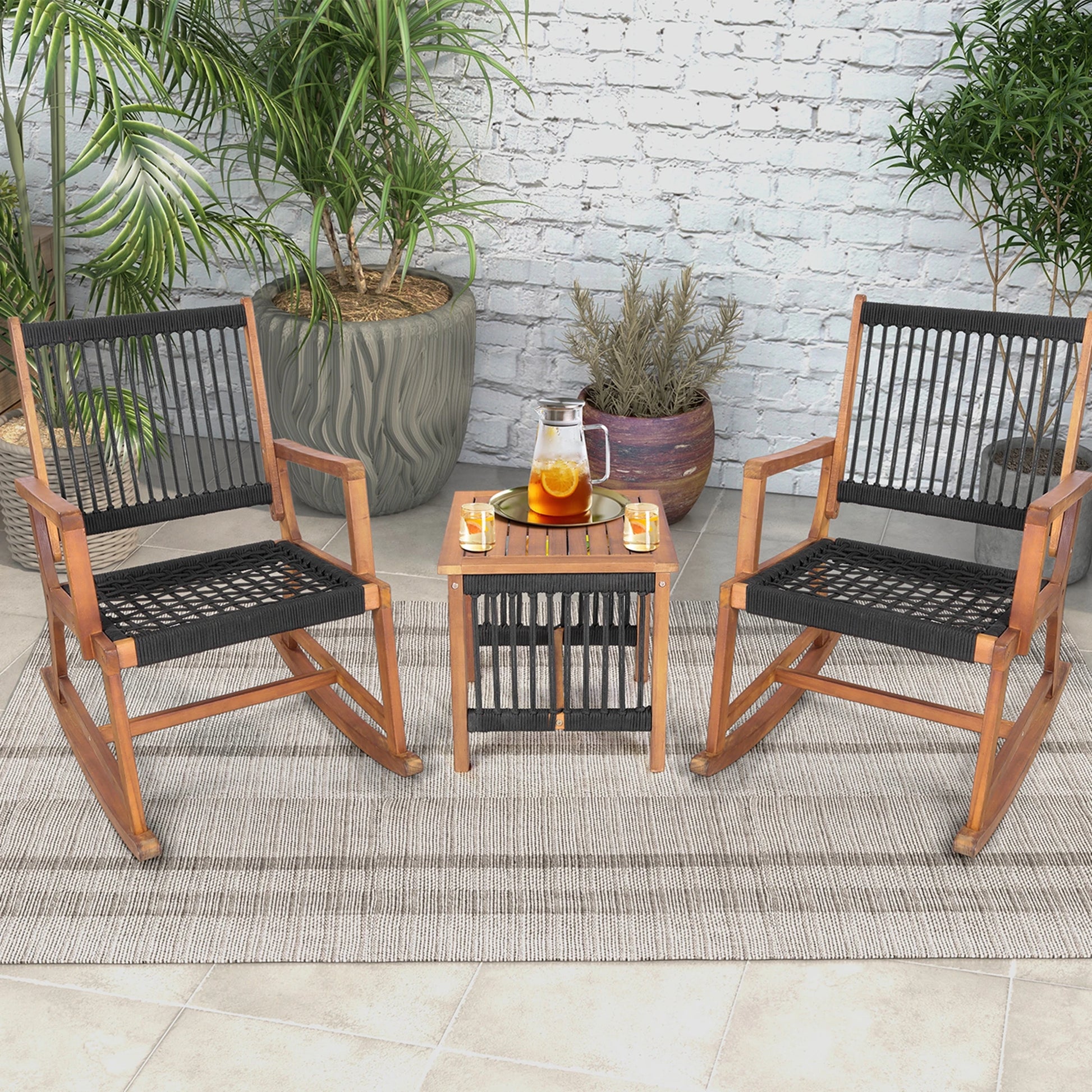 3pcs Patio Acacia Wood Bistro Table Rocking Chair Set All-Weather Rope Outdoor - Jimmys Supplies