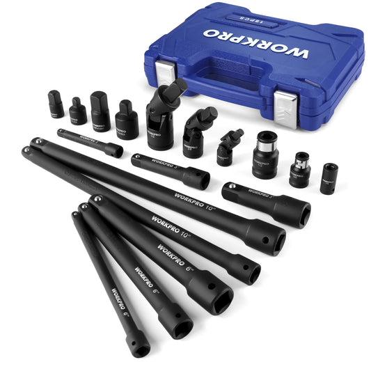 WORKPRO 18 Piece Drive Tool Accessory Set with Socket Adapters Socket Extension Bar Swivel Universal Joints and Impact Coupler - Jimmys Supplies