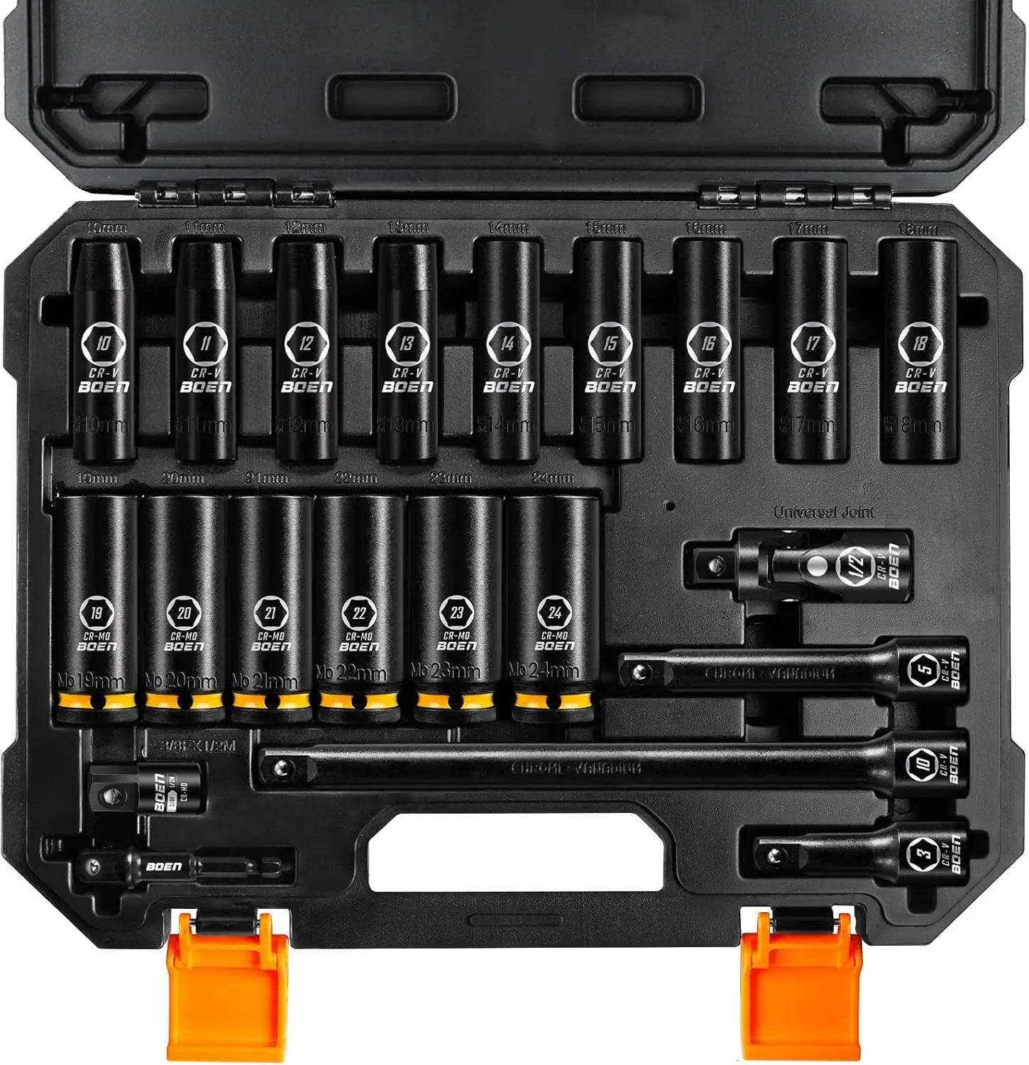 BOEN Pro 1/2 Drive Metric Deep Impact Socket Set 21-Piece CR-MO & CR-V Steel - Jimmys Supplies