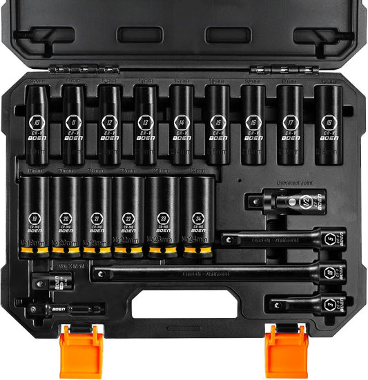 BOEN Pro 1/2 Drive Metric Deep Impact Socket Set 21-Piece CR-MO & CR-V Steel - Jimmys Supplies