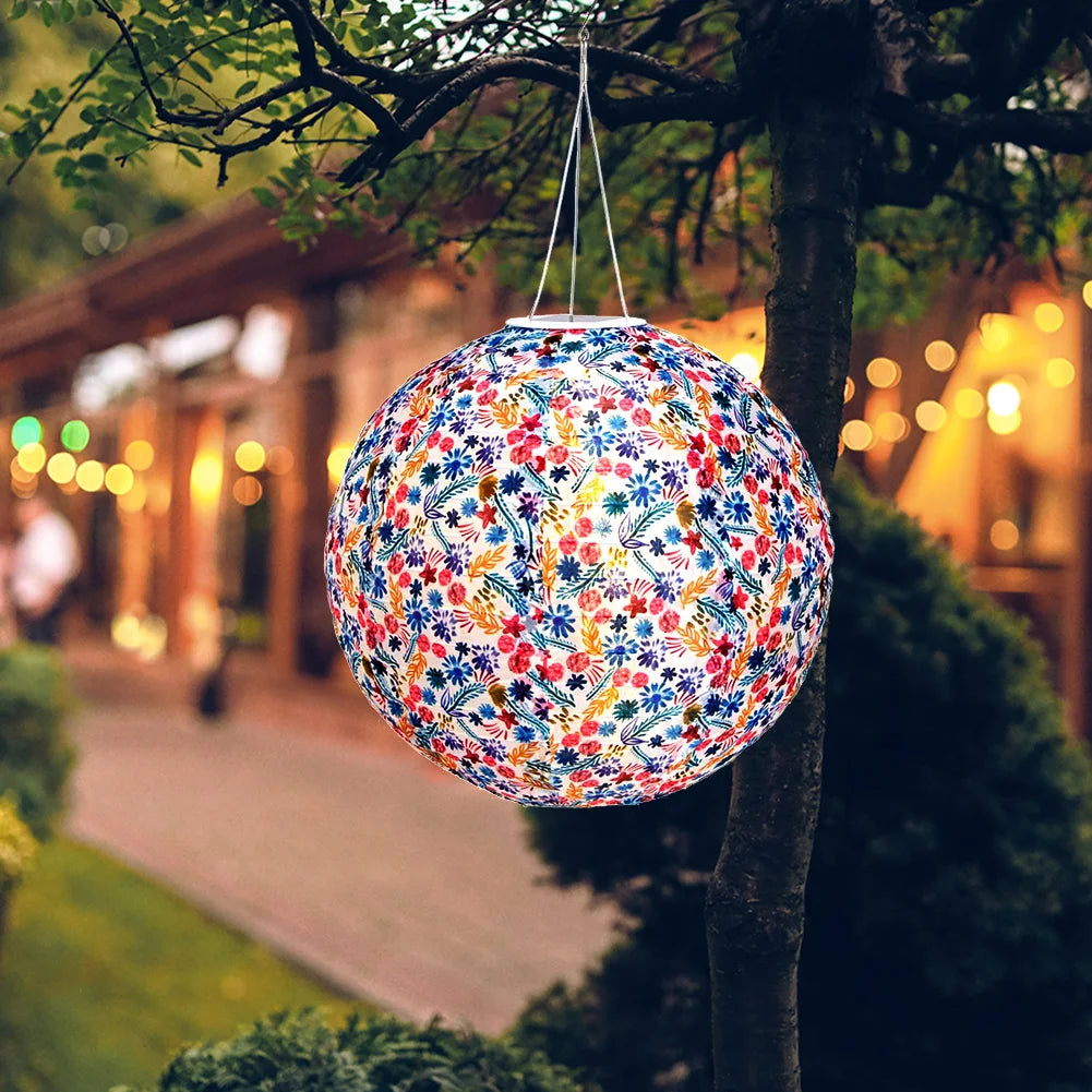 12 inch LED Solar Chinese Lantern Round Ball Printed Decorative Lantern Hanging for Home Yard Park Lighting Outdoor Decor - Jimmys Supplies