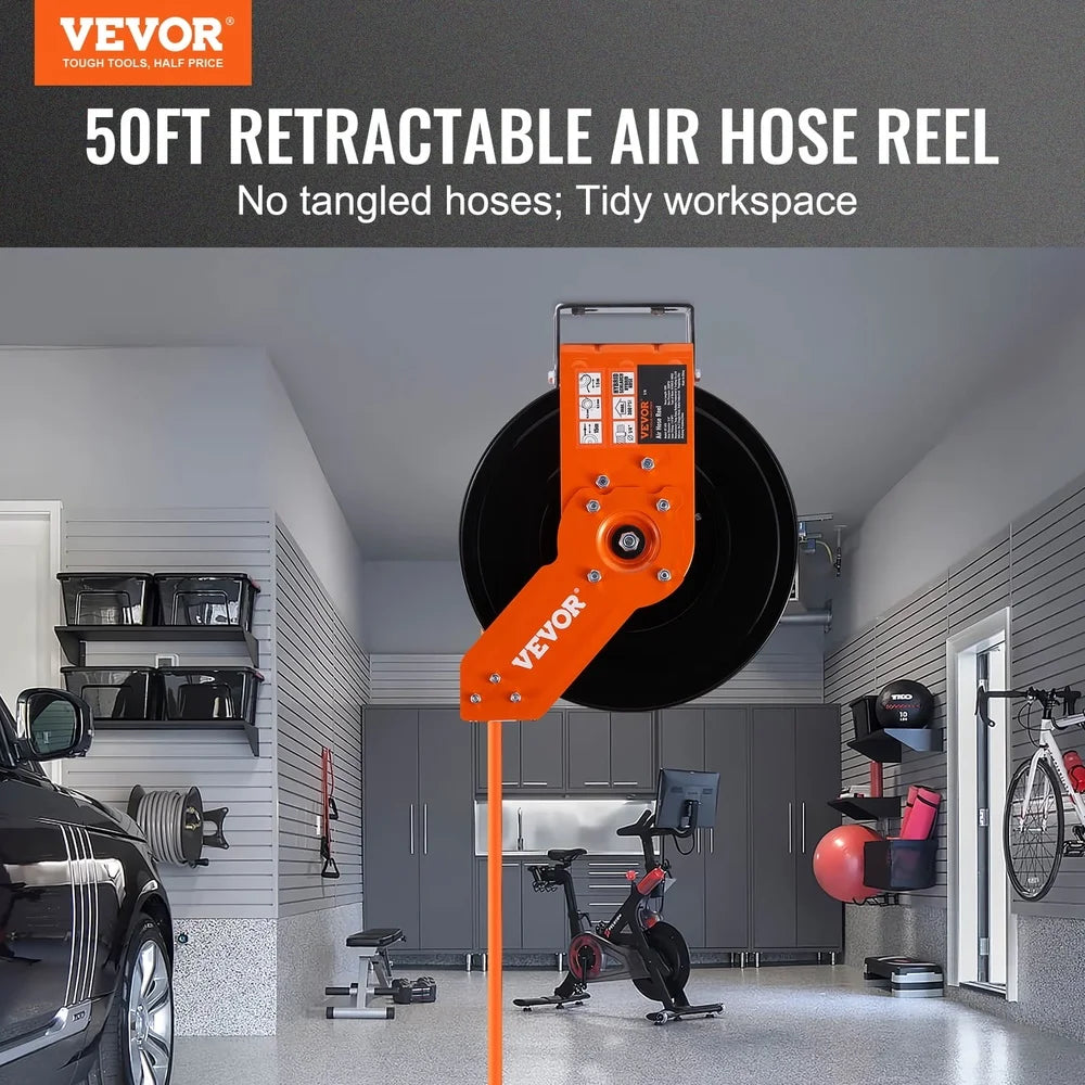 Retractable Air Hose Reel 3/8in x 50ft 300PSI Auto-Rewind with 180° Mount Garage Workshop Air Compressor Heavy Duty
