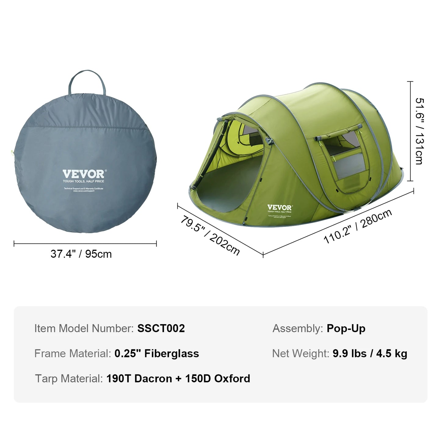 VEVOR Camping Tent Pop Up Tent for 4 Person Easy Setup Waterproof Backpacking Tent with Door & Window for Outdoor Family Camping