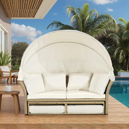 Outdoor Canopy Bed Patio Daybed with 4 Pillows, Wicker Rattan Double Daybed Round Sofa Furniture Set with Retractable Canopy
