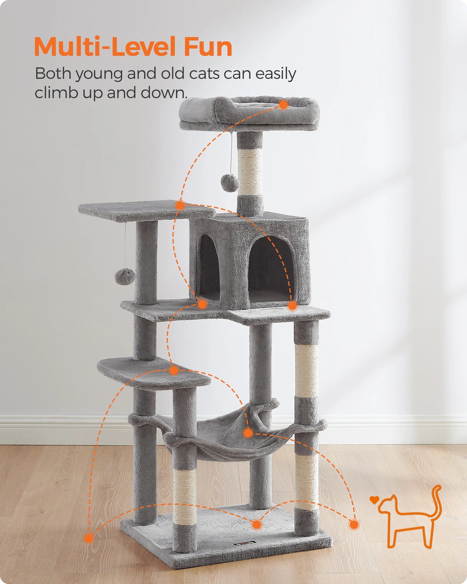 Feandrea Cat Tree, 56.3-Inch Cat Tower for Indoor Cats, Multi-Level Cat Condo with 4 Scratching Posts, 2 Perches, Hammock, Cave - Jimmys Supplies