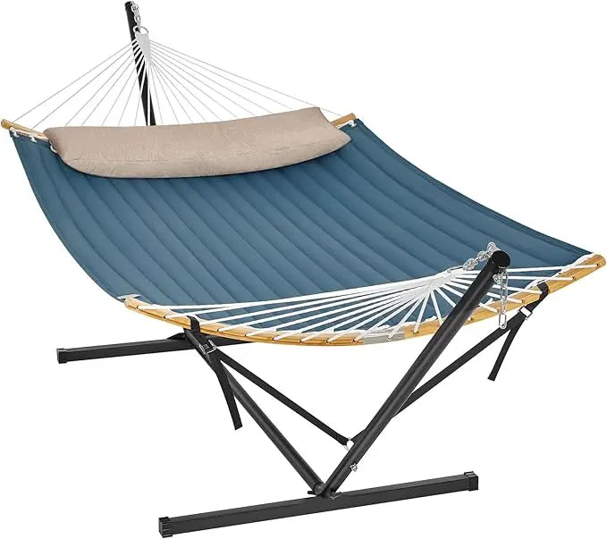Hammock with Stand, Quilted Hammock with Curved Bamboo Spreaders, Pillow, 78.7 x 55.1 Inches, Portable Padded Hammock Holds up