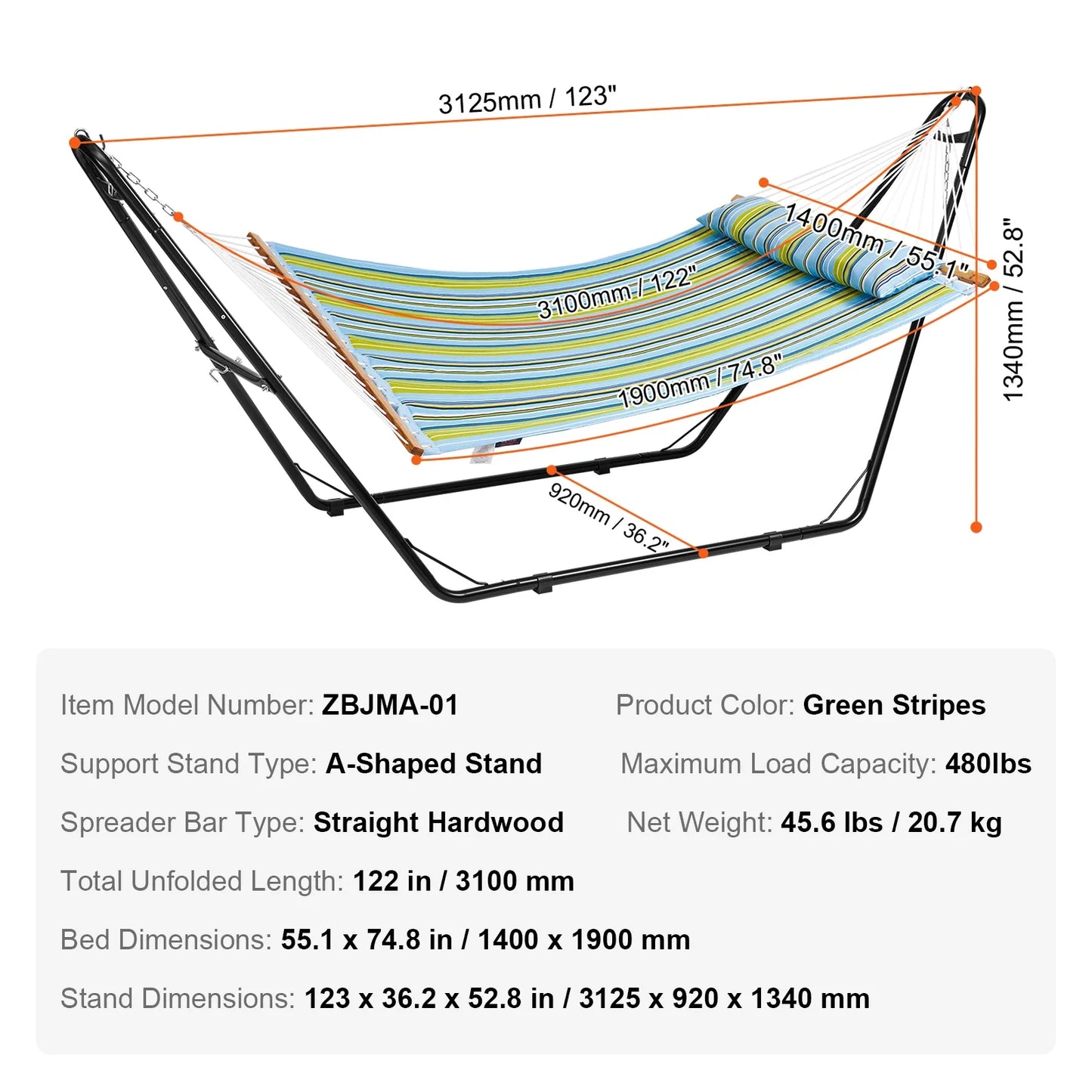Two Person Hammock with Stand Included Double Hammock with Curved Spreader Bar and Detachable Pillow and Portable Bag
