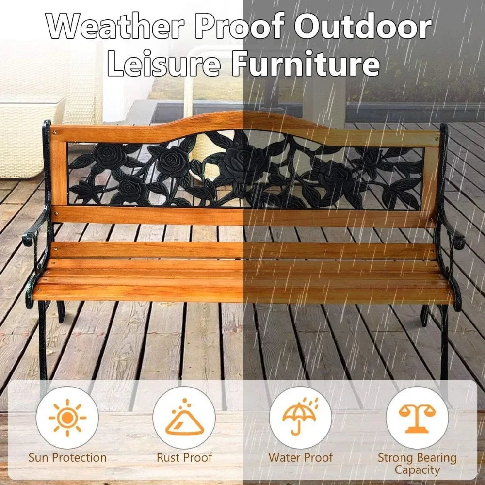 Patio Bench Outdoor Furniture Rose Cast Iron Hardwood Frame Porch Loveseat Weather Proof Porch Path Chair - Jimmys Supplies