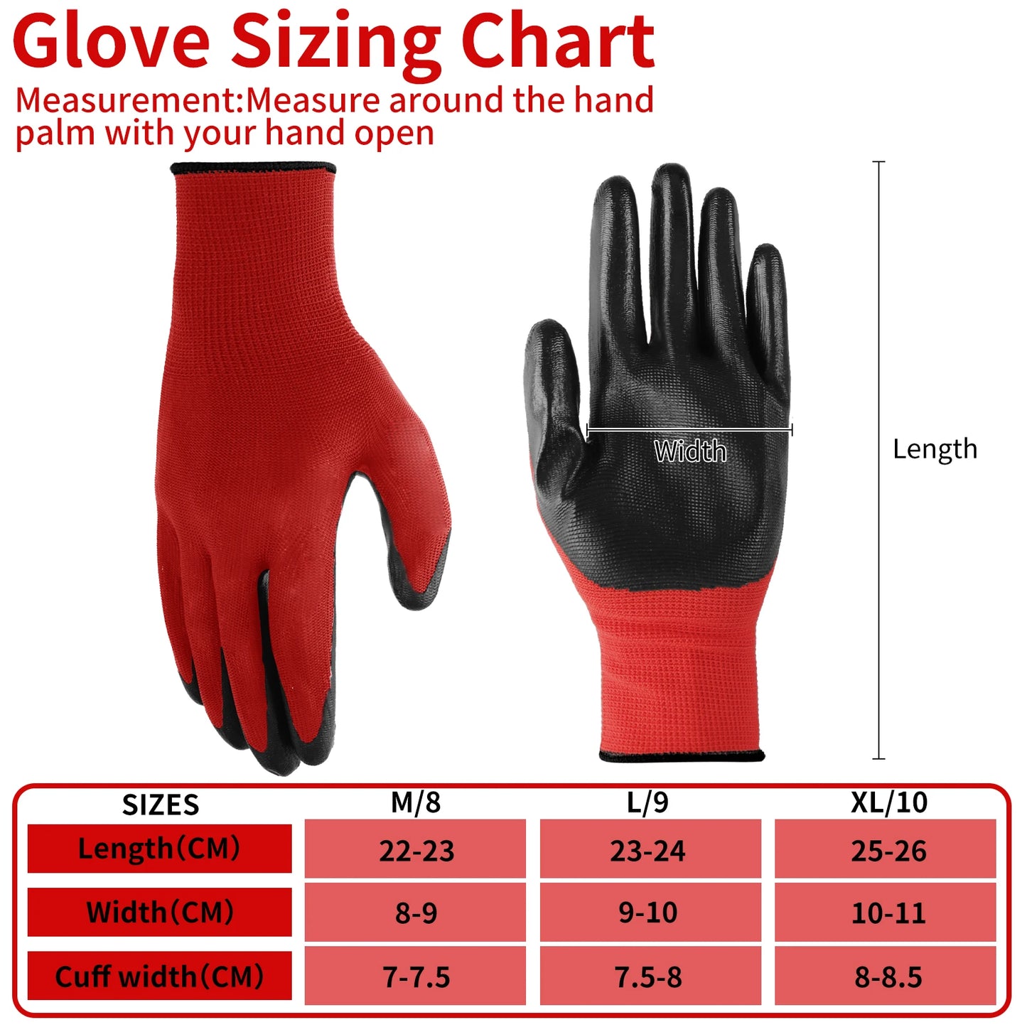 12Pairs Garden Man Safety Gloves With Knitted Red Nylon Dipped PU Nitrile Coated Palm Security Protective Work Gloves