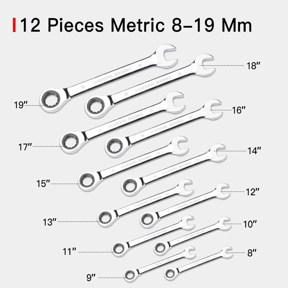 AIRAJ 12-Piece Ratchet Spanner Set Chrome-Plated Kit - Jimmys Supplies