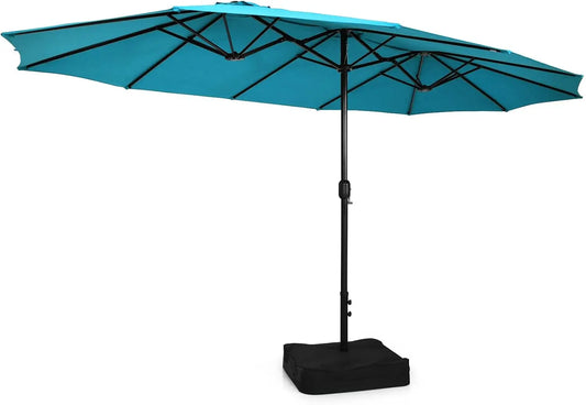 15FT Double-Sided Patio Umbrella with Base, Extra-Large Market Umbrella W/Crank System, Outdoor Twin Umbrella