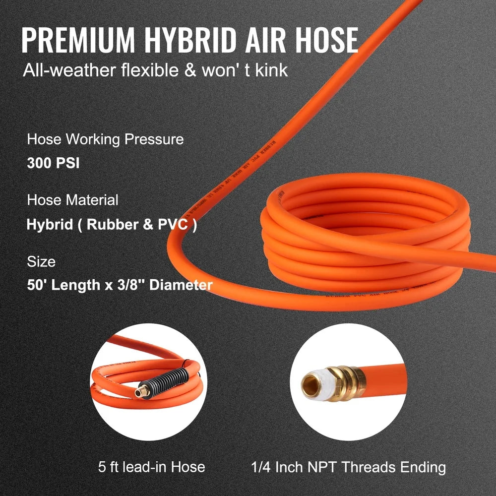 Retractable Air Hose Reel 3/8in x 50ft 300PSI Auto-Rewind with 180° Mount Garage Workshop Air Compressor Heavy Duty