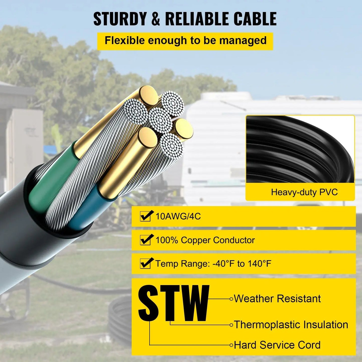 50ft 30A Generator Cord – 10-gauge, 125/250V with twist-lock connectors. Heavy-duty 4-wire power extension.