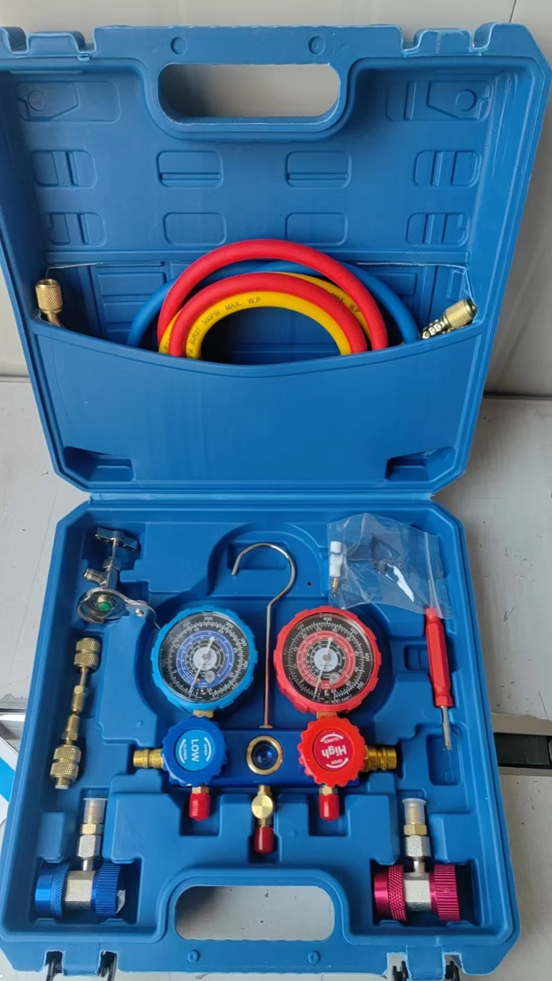 R410a Car Air Conditioning Pressure Manifold Gauge Hose Kit R22 R-410A R-134a R-404A Refrigerant Pressure Gauge Set Storage Box