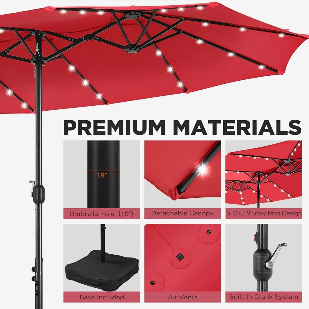 13 ft Large Patio Umbrella with Solar Lights Double-Sided Outdoor Rectangle Market Umbrellas with 36 LED Lights/Base Included/E