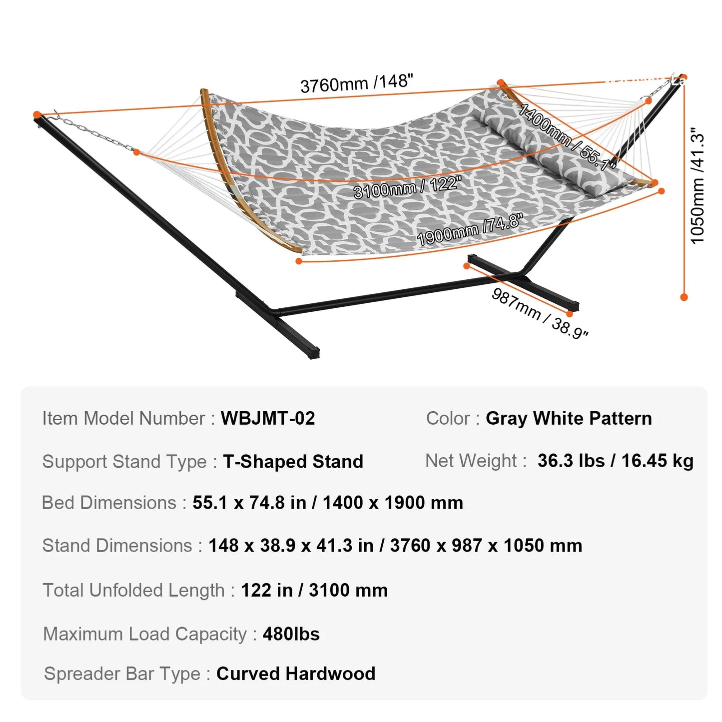 Two Person Hammock with Stand Included Double Hammock with Curved Spreader Bar and Detachable Pillow and Portable Bag