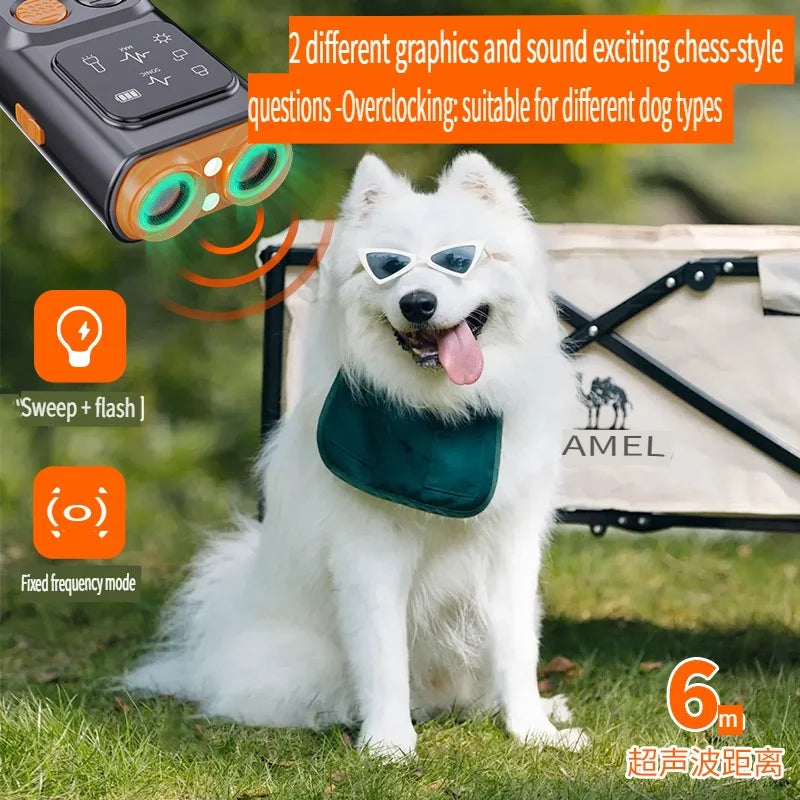 The new ultrasonic dog repeller has a screen bark stopper illumination, a flashing light, and a distress light