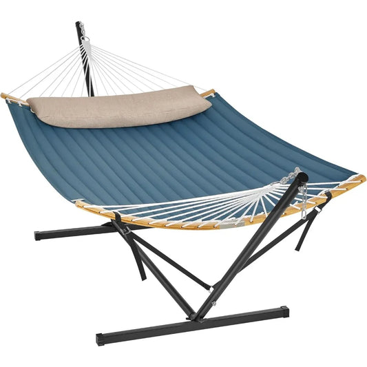 Hammock with Stand, Quilted Hammock with Curved Bamboo Spreaders, Pillow, 78.7 x 55.1 Inches, Portable Padded Hammock Holds up