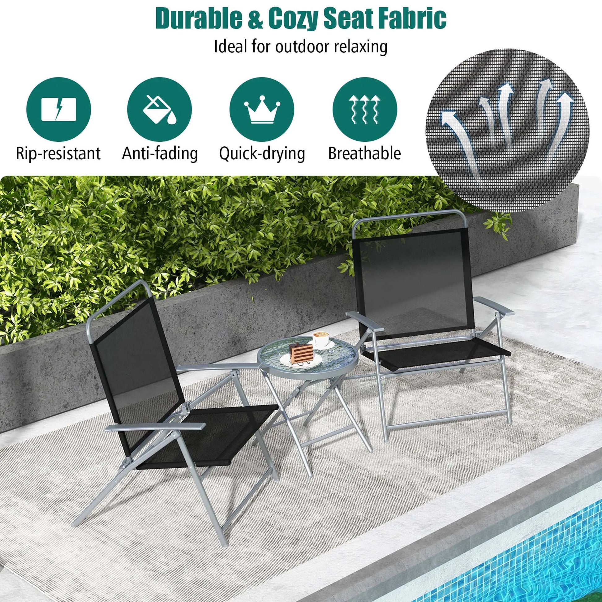 3pcs Patio Folding Table Chair Set Extra-Large Seat Metal Frame Portable Outdoor - Jimmys Supplies