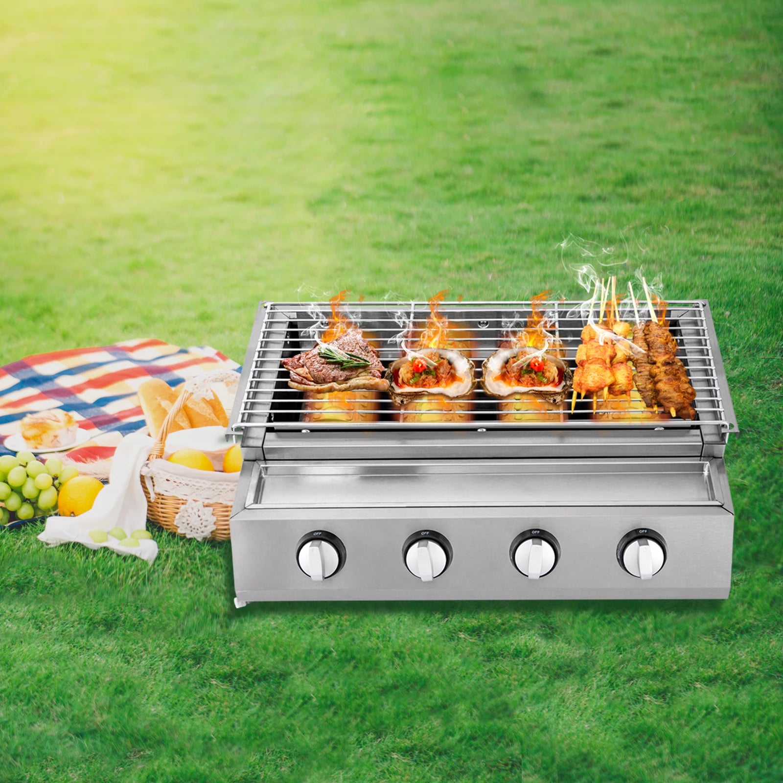 Stainless Steel Smokeless Barbecue Grill 4 Burners LPG Gas Grill Roaster Portable BBQ Grill Removable for Outdoor Patio Garden - Jimmys Supplies