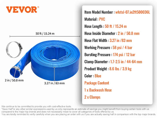 SucceBuy Pool Drain Hose 2 inch by 50ft Durable PVC Material  Clamps Fits Pumps Sand Filters Ideal for Pool Water Removal