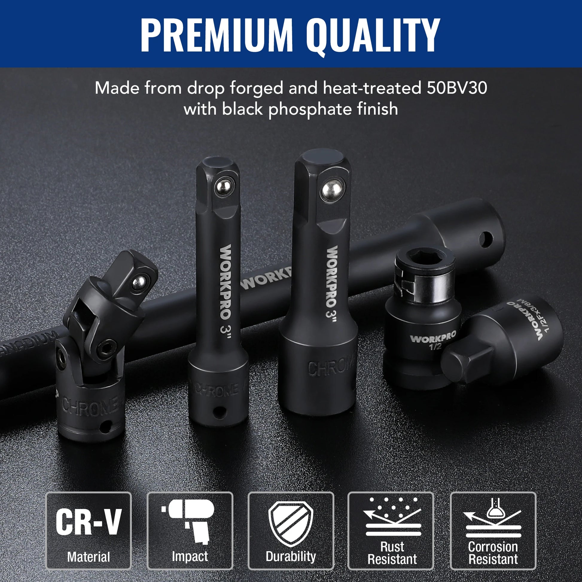 WORKPRO 18 Piece Drive Tool Accessory Set with Socket Adapters Socket Extension Bar Swivel Universal Joints and Impact Coupler - Jimmys Supplies