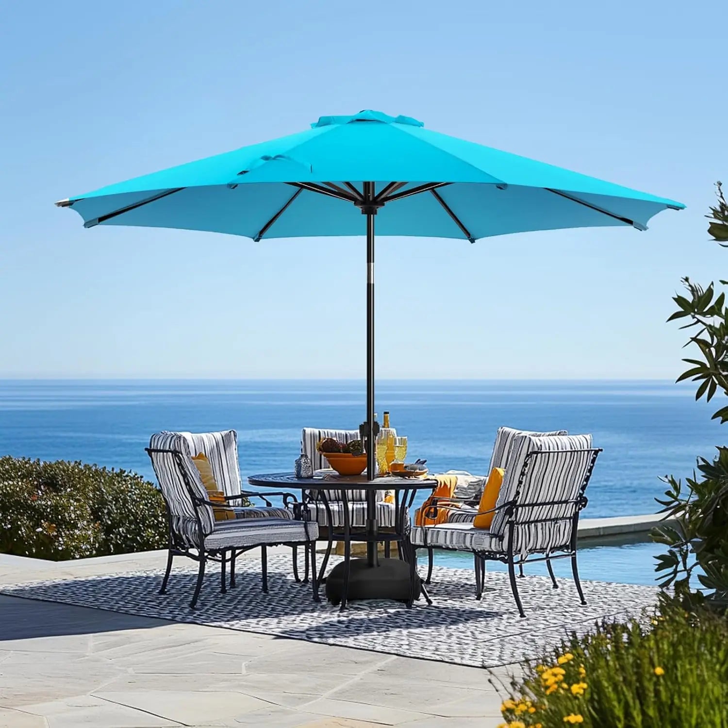 9Ft Patio Umbrellas With Base Luded, Outdoor Umbrella With Sandbag Base, 8 Sturdy Ribs, Fade Resistant Waterproof Polyester Dty - Jimmys Supplies
