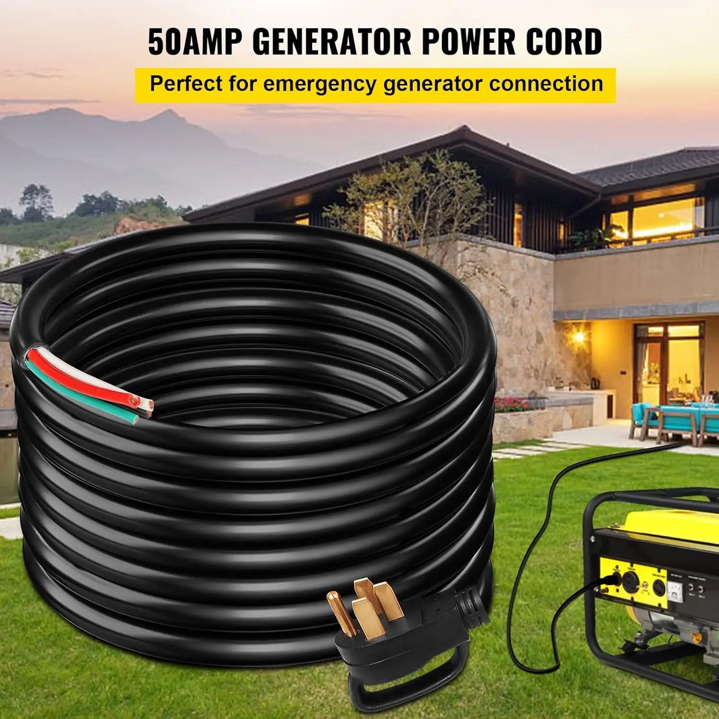 50FT 50Amp Generator Extension Cord 6 Gauge STW 6/3+8/1 RV Power Cord NEMA 14-50P to Bare Wire
