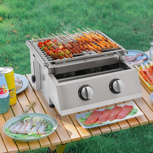 Camping BBQ Tabletop 2 Burner Gas Grill Outdoor Steel Shield Stainless Steel - Jimmys Supplies