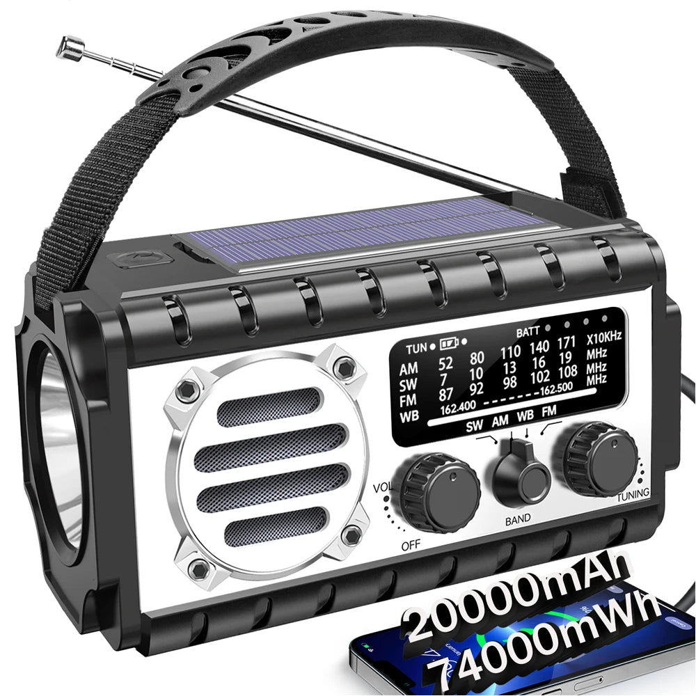 Woopker Emergency Radio 20000mAh XSY-350 FM Radio AM/WB/NOAA Weather Dual USB Rechargeable Solar SOS Alarm Power Bank Flashlight
