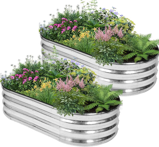 Galvanized Raised Garden Bed - 4×2×1ft (2 Packs) Planter Raised Beds for Gardening | Oval Metal Garden Planter Box with Safety E