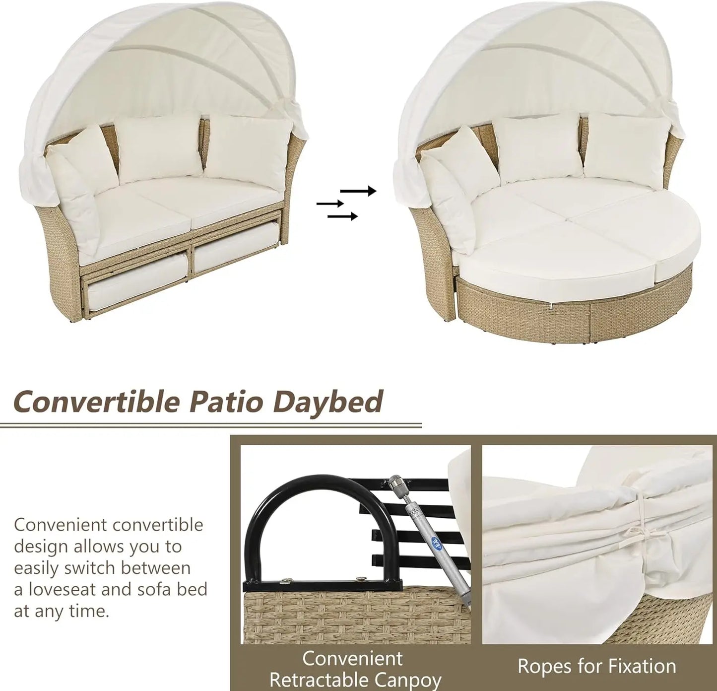 Outdoor Patio Daybed Wicker Rattan Double Daybed Round Sofa Furniture Set with Retractable Canopy, 4 Pillows for Lawn Garden Ba